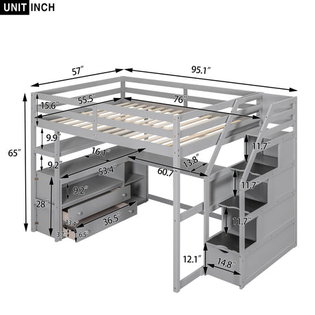 SOFTSEA Grey Full-Size Loft Bed with Integrated Desk and Storage Solutions SOFTSEA