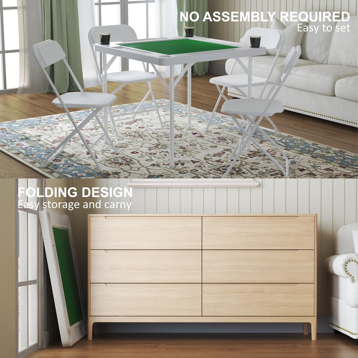 IWDOO 35.4" Square Folding Card Table, Mahjong Table with Green Felt，Chip Trays and Cup Holders, Portable Domino Tables for 4 Players, Card Game Tables for Mahjong Poker Domino Game IWDOO