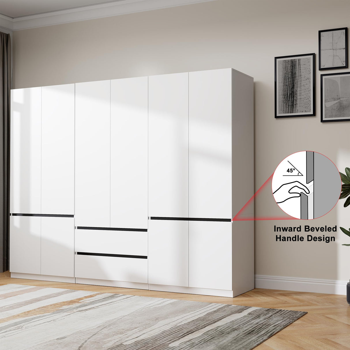 LABROSKIA Wardrobe Closet with 6 Doors: 75" White Armoire with 2 Drawers, Wooden Wardrobe for Hanging Clothes, Tall Storage Cabinet with Shelves and Hanging Rod LABROSKIA