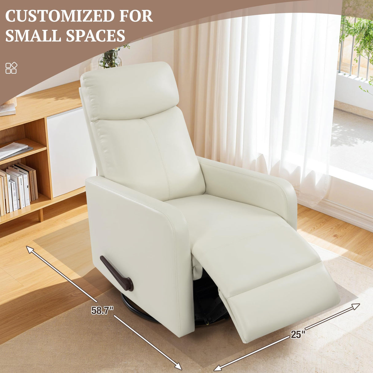 Neioml Swivel Rocking Recliner Chair for Small Space, Manual Swivel Glider Recliner for Nursery,RV,Rocking Recliner with Footrest and Side Pocket,Breathable Leather,Beige Neioml