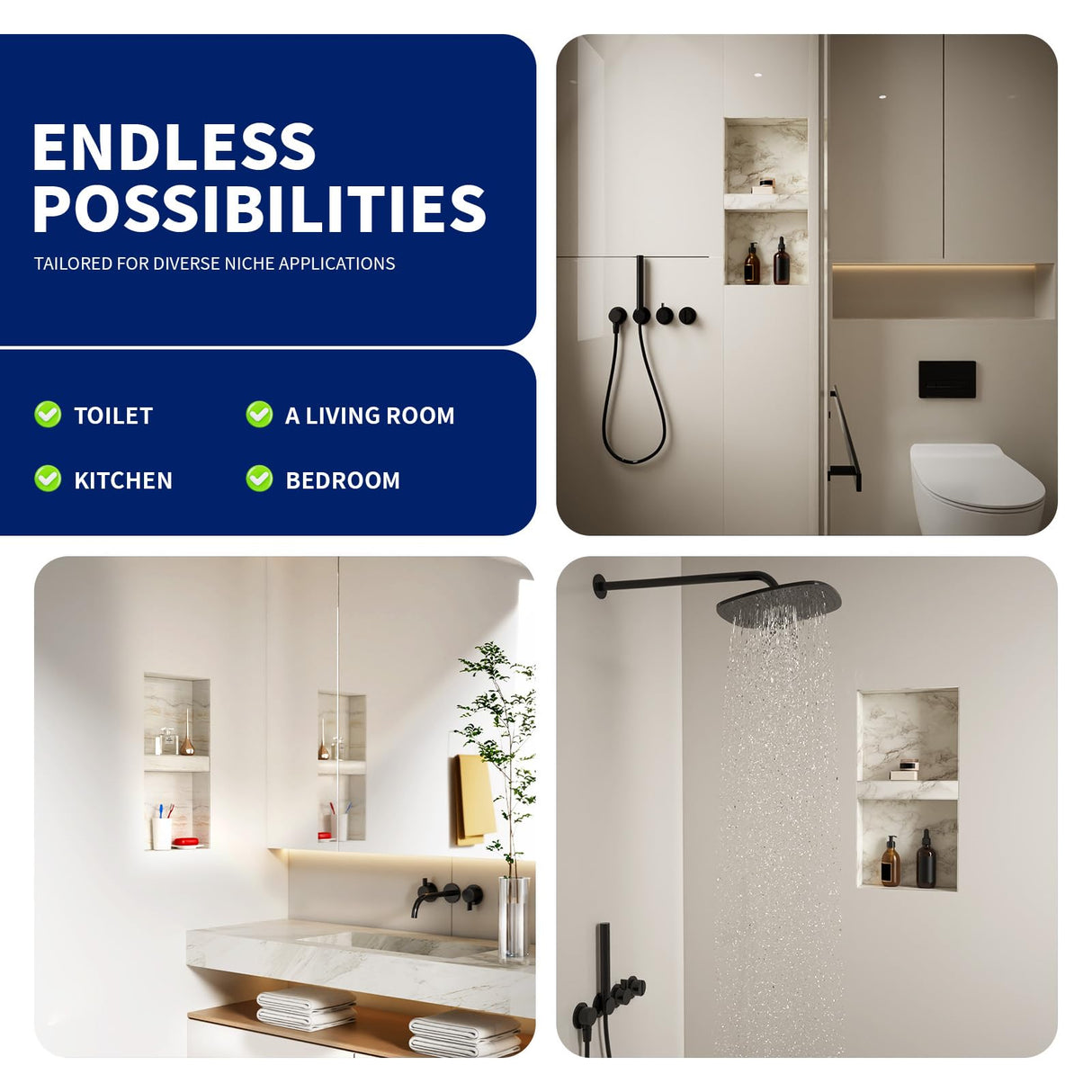 BWE Black Shower Niche Insert Tile Ready 16" X 32" Rectangle for Shower Wall Prefabricated Waterproof Double Shelves Recessed Niche for Shower Bathroom Storage BWE