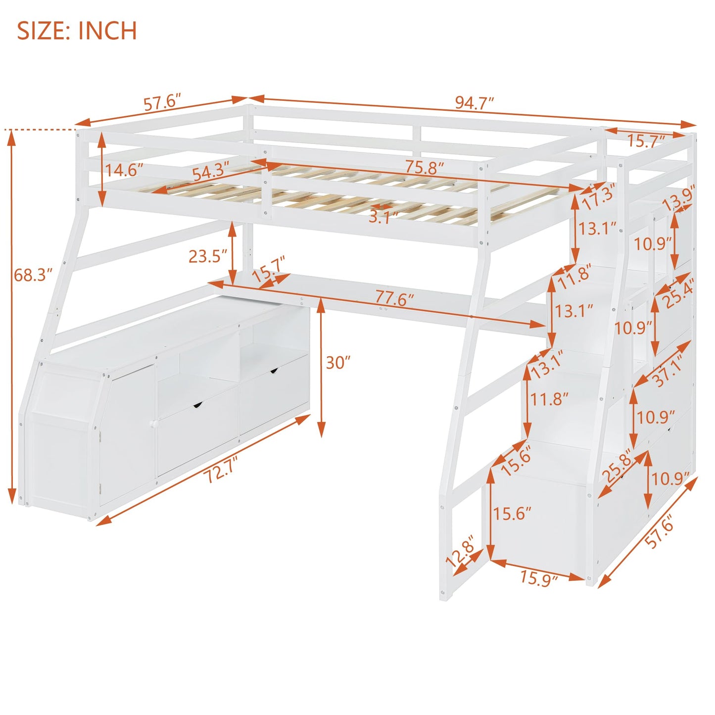 MERITLINE Full Size Loft Bed with Desk and Storage Stairs, Wood Loft Bed Full with 7 Drawers & 2 Shelve,High Loft Bed with Desk Underneath for Kids Teens Boys Girls,White