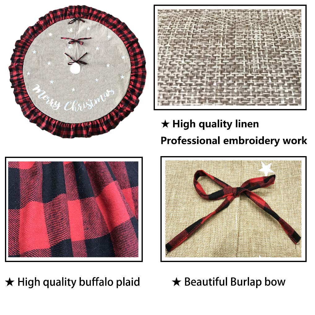 AISENO 48 Inch Christmas Tree Skirt Linen Burlap Buffalo Plaid Edge Decoration for Merry Christmas Party Red and Black Buffalo Christmas Tree Skirt Decorations AISENO