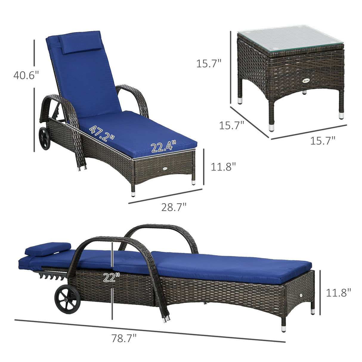 Outsunny Wicker Outdoor Chaise Lounge Set of 2, 5-Level Adjustable Backrest PE Rattan Pool Lounge Chair with Wheels, Cushion & Headrest, Brown and Dark Blue Outsunny