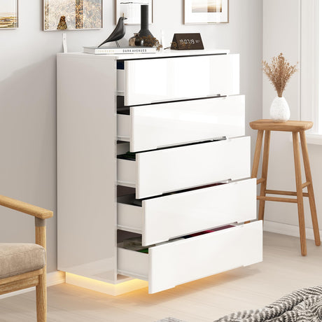 Homsee Tall 5 Drawer Dresser with LED Light, Modern Storage Dresser Chest of Drawers with High Gloss Surface for Bedroom, White (31.5”W x 15.7”D x 42.6”H) Homsee