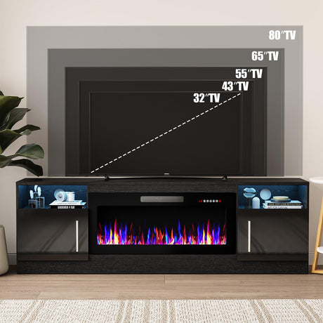 VITESSE Fireplace with TV Stand 36" inch Electric Fireplace Up to 80" TVs, LED Light Entertainment Center, 70" Modern Wood High Gloss with Highlight Storage Cabinet for Living Room (Black) VITESSE