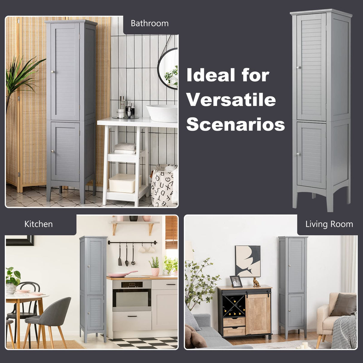 Tangkula 5-Tier Freestanding Grey Bathroom Storage Cabinet with Doors and Shelves Tangkula