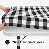 Smiry Rectangle Picnic Table Cloth, Elastic Waterproof Fitted Vinyl Tablecloth for 6 FT Tables, Flannel Backed Buffalo Plaid Table Covers for Dining, Camping, Outdoor (Black and White, 30" x 72") Smiry