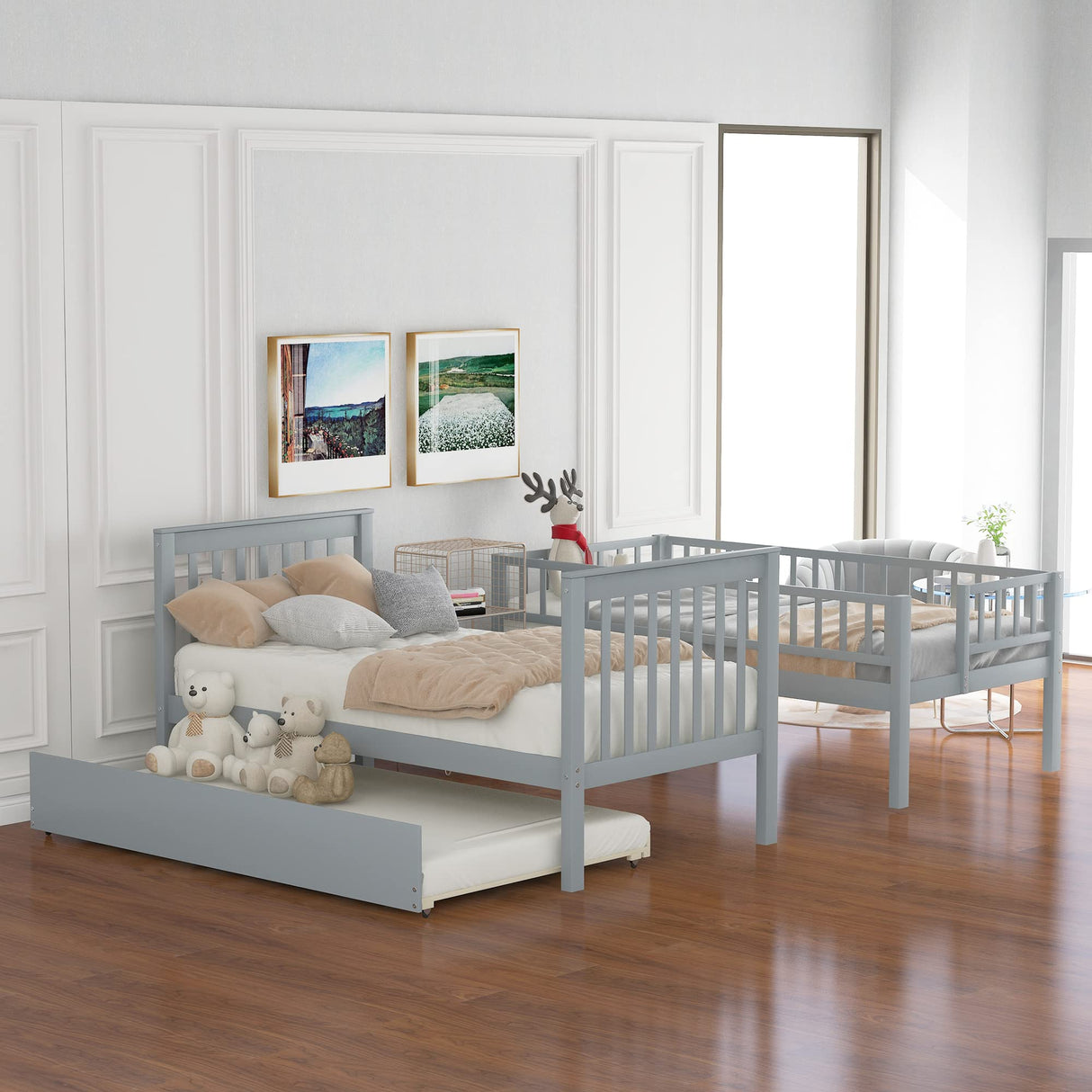 Harper & Bright Designs Twin Over Twin Bunk Bed with Stairs and Trundle, Solid Wood Stairway Bunk Bed Frame with Storage, Can be Split into 3 Separate beds, for Kids Teens Adults (Gray) Harper & Bright Designs