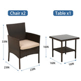 FDW Patio Bistro Conversation Set Wicker Furniture 2 Rattan Chairs Cushions and Glass Coffee Table for Porch Lawn Garden Balcony Backyard, 3 Pieces, Brown and Khaki FDW