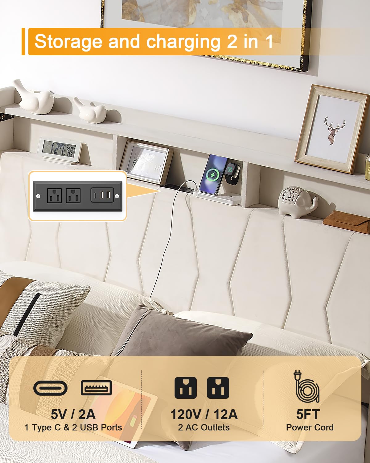 LegacyAmerhome Queen Bed Frame, Velvet Upholstered LED Platform Bed with Headboard Storage, Queen Bed Built-in Charging Station with 4 Drawers, Wood Slat Support, No Box Spring Needed, Beige LegacyAmerhome