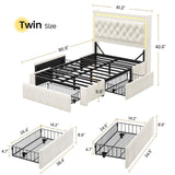 BTHFST Twin Upholstered LED Bed Frame with 3 Drawers, Velvet Hidden Storage Headboard with Charging Station, Button Tufted Headboard and Heavy Duty Metal Slats Support, No Box Spring Needed, Beige BTHFST
