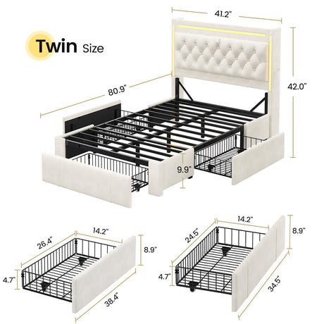BTHFST Twin Upholstered LED Bed Frame with 3 Drawers, Velvet Hidden Storage Headboard with Charging Station, Button Tufted Headboard and Heavy Duty Metal Slats Support, No Box Spring Needed, Beige BTHFST