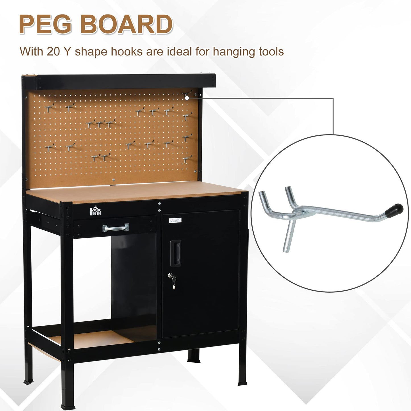 HOMCOM Multipurpose Workbench, Workshop Tool Table with Slide Drawer. Peg Board, Storage Cabinet with Keys - WoodArtSupply