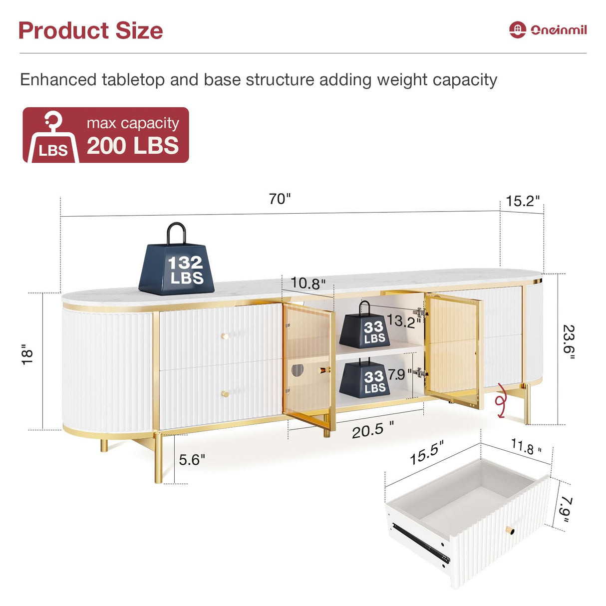 oneinmil Luxury 70" Fluted TV Stand for TVs Up to 75", Modern Entertainment Center with Faux Marble Top, Media Console with Curved Profile Design, Television Stands for Living Room, White oneinmil