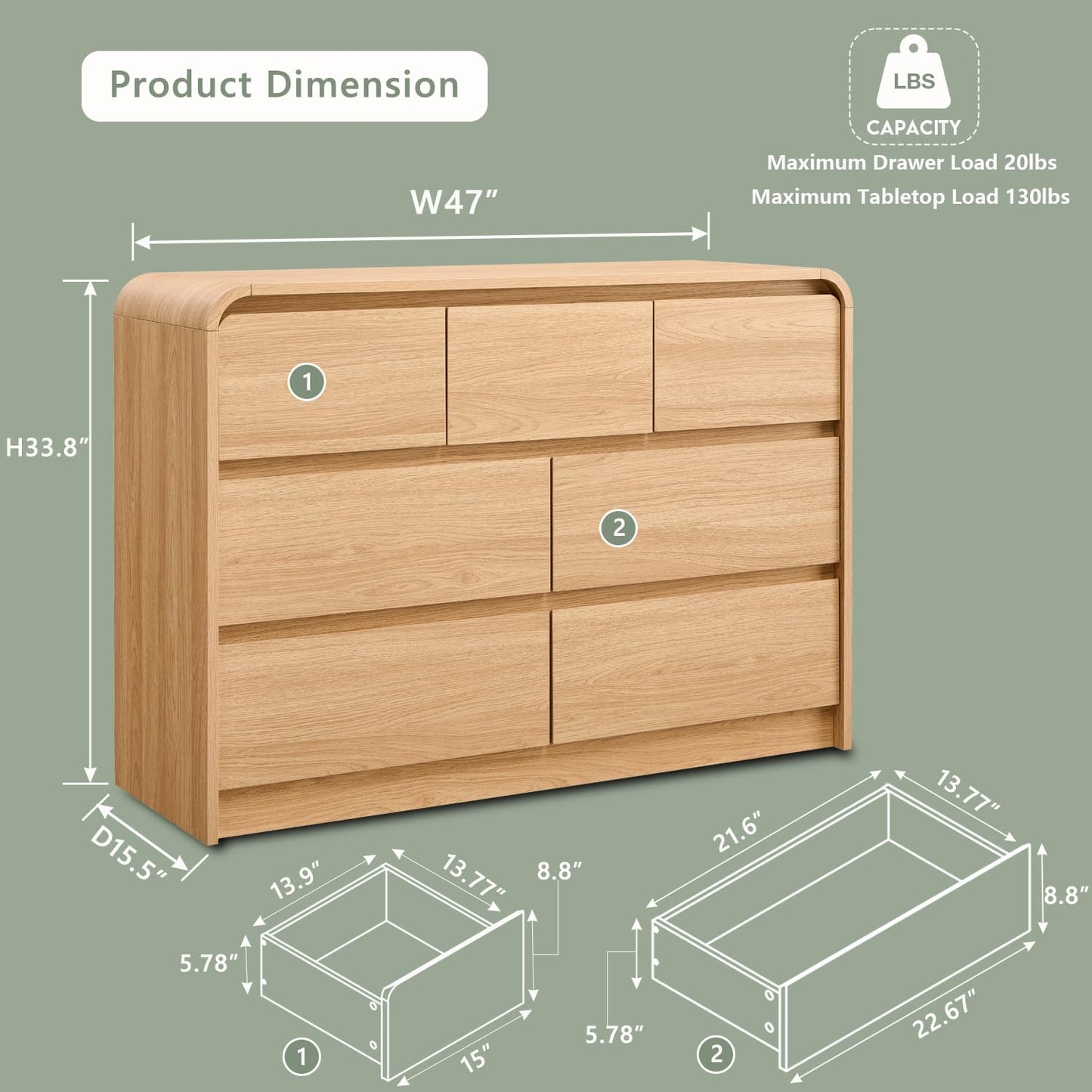 Aitjunz Modern 7 Drawers Dresser for Bedroom, 47" Wide Wood Dressers & Chests of Drawers w/Curved Profile Design, Mid Century Modern Dresser w/Natural Texture for Bedroom, Living Room, Natural Oak