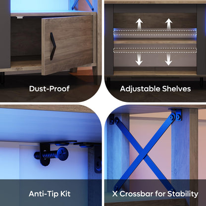 Bestier Farmhouse TV Stand for 70 inch TV, Gaming Entertainment Center with LED Lights, TV Console with 2 Storage Cabinets and Shelf for Living Room, 63'' Inch, Grey Wash