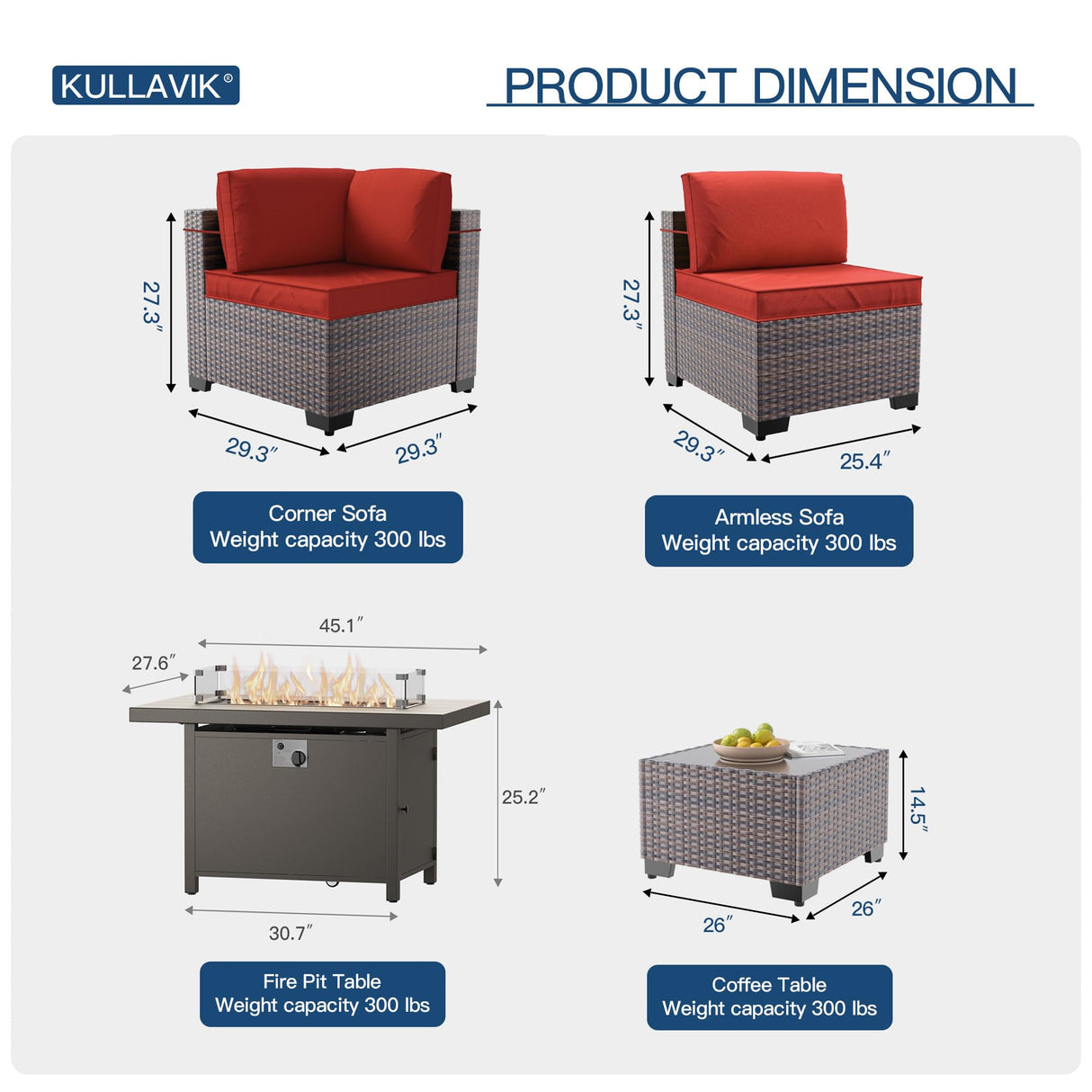 Kullavik 11 Pieces Outdoor Patio Furniture Set with 55000BTU Gas Propane Fire Pit Table,PE Wicker Rattan Sectional Sofa Patio Conversation Sets,Swivel Rocking Chairs Set,Red Kullavik