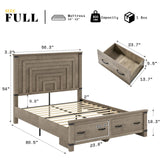 AMERLIFE Farmhouse Full Size Bed Frame with 54" Tall Geometric Headboard & Footboard, Rustic Wood Platform Bed Frame with Large Storage Drawers, Wood Slats Support, No Box Spring Needed, Rustic Grey AMERLIFE