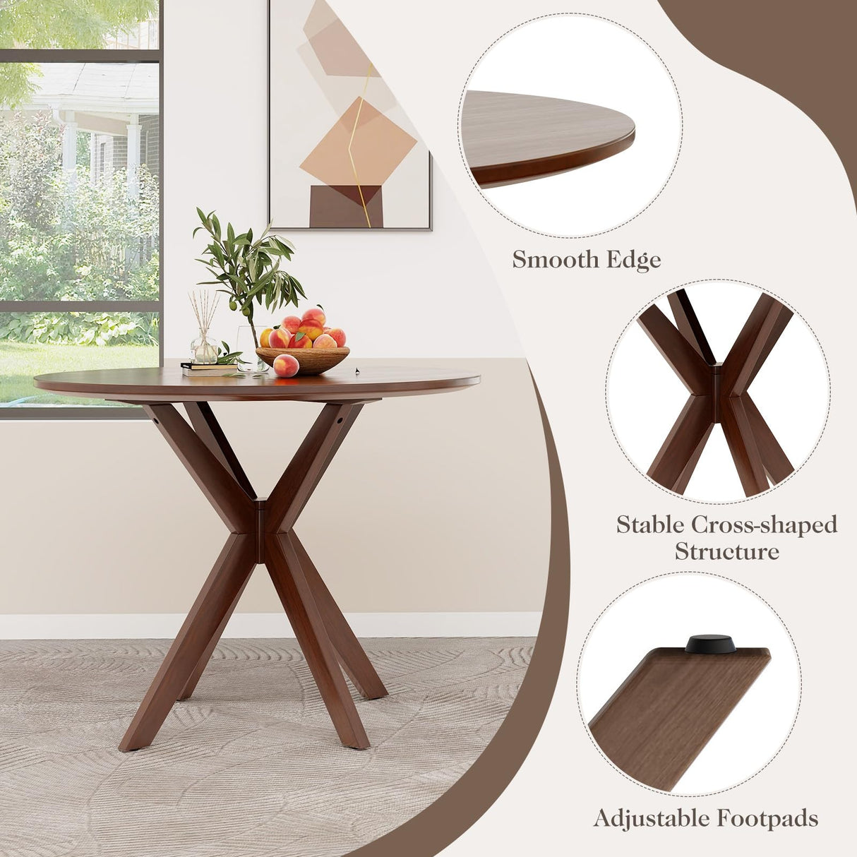 ERGOMASTER Round Dining Table for 2 to 4 Seater, Solid Wood Kitchen Table, Compact Side Table - 36 Inch Walnut Wood Tabletop - Trestle Pedestal Base - Ideal for Home, Apartment, Small Space ERGOMASTER