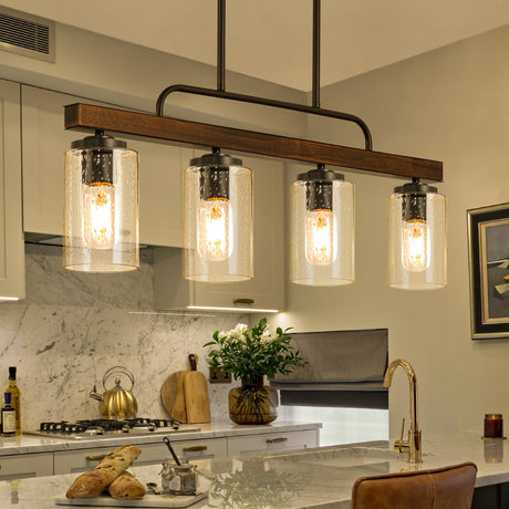 Farmhouse Dining Room Light Fixture, 4-Light Wood Kitchen Island Lighting, Industrial Chandeliers for Dining Room Over Table Black Pendant Light with Seeded Glass Shade for Bar Restaurant HOGBU