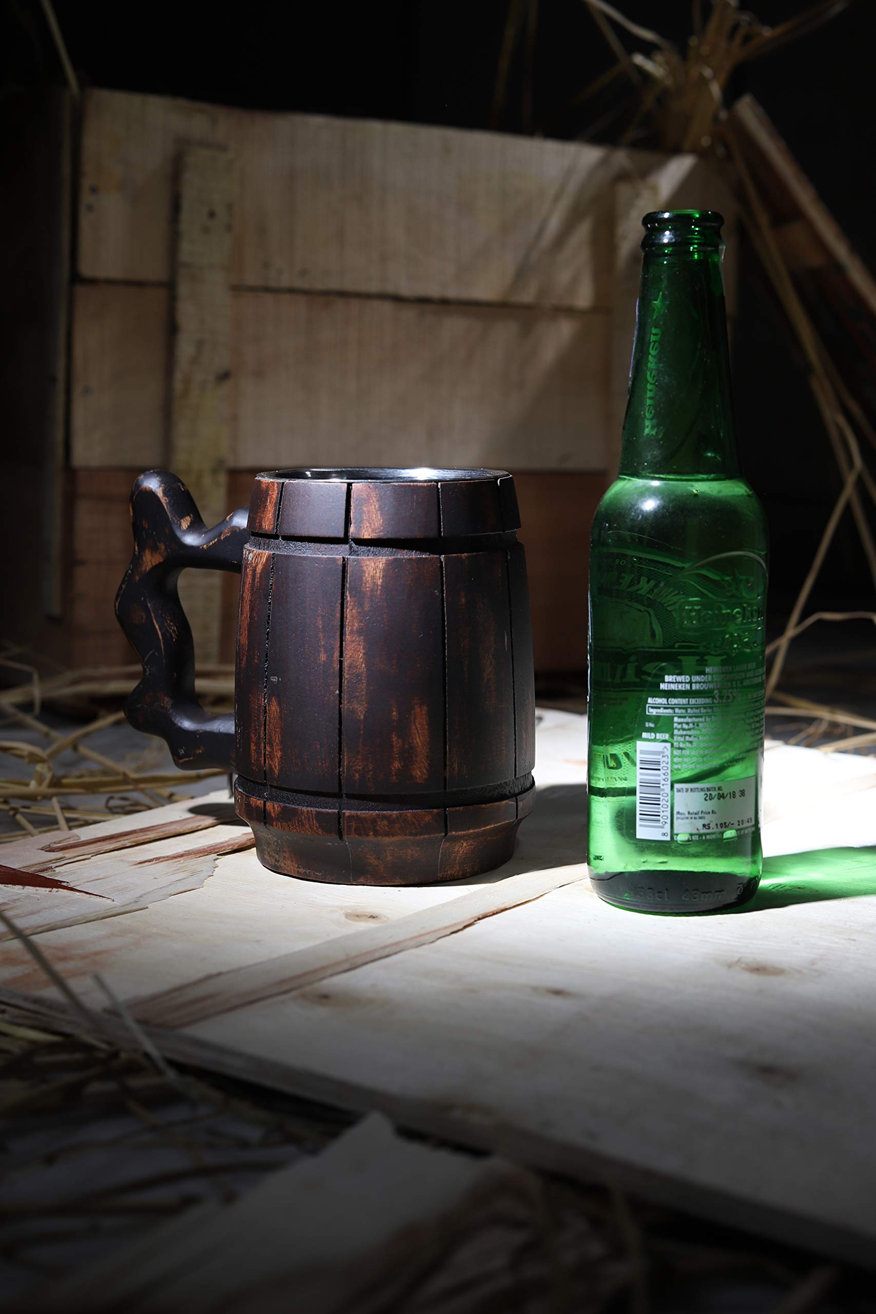 GoCraft Handmade Wooden Beer Mug with 18oz Stainless Steel Cup | Great Beer Gift Ideas Wooden Beer Tankard for Men | Vintage Bar accessories - Barrel Brown Classic Design - WoodArtSupply