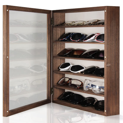 TJ.MOREE Sunglasses Organizer Storage Wall Mounted: 13 x 15.6 inches Eyewear Display Case Rustic Wood Eyeglasses Holder Large Glasses Storage Box, Brown