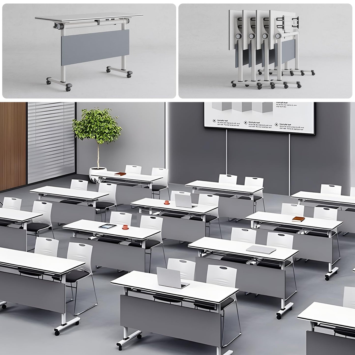 Jklmzpf Conference Table, Folding Office Conference Room Tables on Wheels, Flip Top Mobile Meeting Training Table with White Tabletop, Rectangular Classroom Seminar Tables Multifunctiona Modu - WoodArtSupply