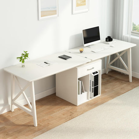 NELYE 2-Person Desk with Storage Cabinet - 94" Wooden Extra Long L Shaped Table, Double Work Study Computer Workstation for Home Office, White, 94" W x 24" D NELYE