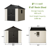 Patiowell 8 x 8 FT Plastic Outdoor Storage Shed with Floor, Resin Shed with Window and Lockable Door for Garden, Backyard, Tool Storage Use, Easy to Install in Beige (Kick-it Shed) Patiowell