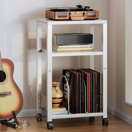 Kalrin Small Side Table, 3 Tier Moveable Small End Table, Record Player Stand with Records Shelf, Tall Nightstand for Bedroom, Living Room, Sofa, Office, Bathroom (Pure White) Kalrin