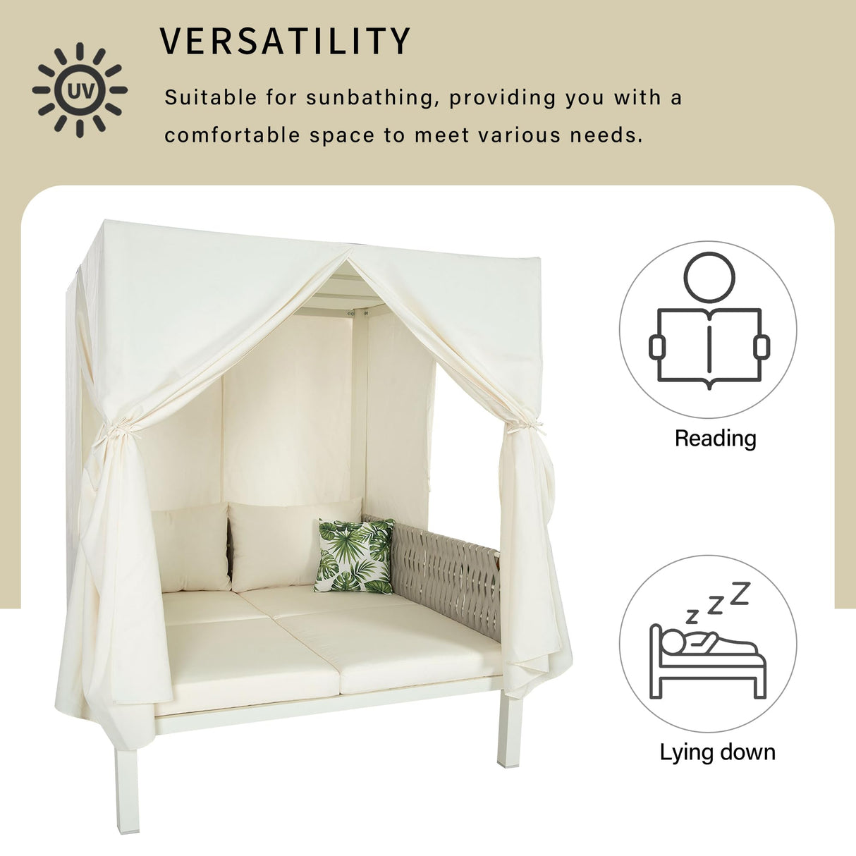 Merax Outdoor Patio Daybed with Soft Thick Cushions, Two Pillows and Curtains, Double Chaise Lounge Sunbed with Rubber Core Rope Backrest for Outside Pool,Garden,Backyard,Lawn, Beige Merax