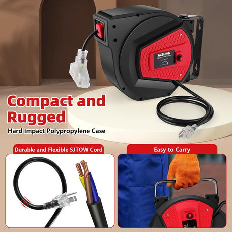 50FT Retractable Extension Cord Reel, 14AWG/3C Power Cord Reel for Garage Workshop, Wall/Ceiling Mounted Extension Cord Reel, 13A Circuit Breaker, 3-Lighted Triple Outlets, UL Listed Himimi