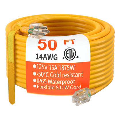HUANCHAIN 50 ft 14/3 Gauge Heavy Duty Outdoor Extension Cord Waterproof with Lighted, Flexible Cold Weather 3 Prong Electric Cord Outside, 15A 1875W 125V 14AWG SJTW, Yellow, ETL Listed