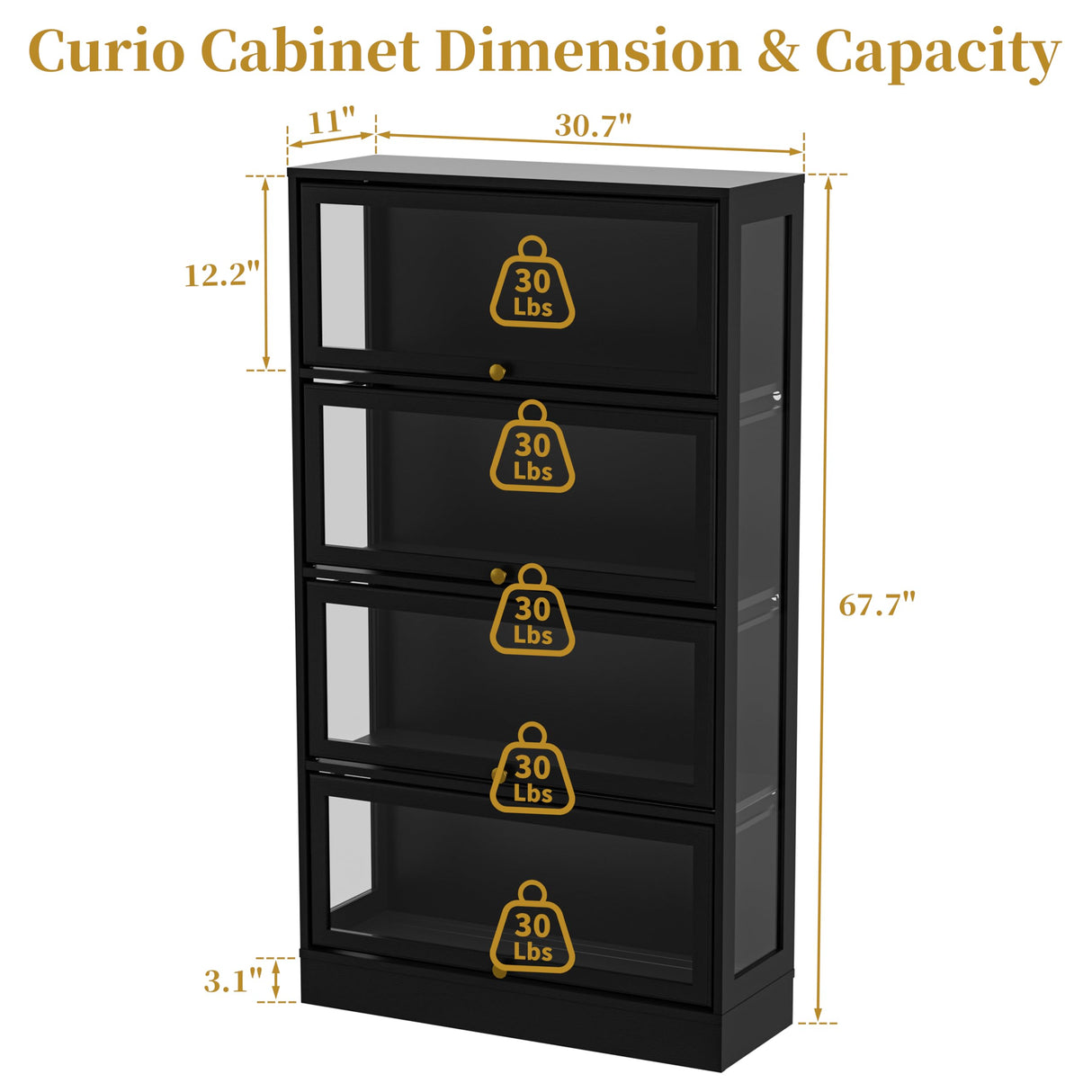 BONITURE Display Cabinet with Acrylic Glass Doors,4-Tiers Curio Cabinet with LED Lighting for Collectibles, Collectibles Toy Organizers Rack & Display Shelf Display Case Storage Cabinet, Black BONITURE