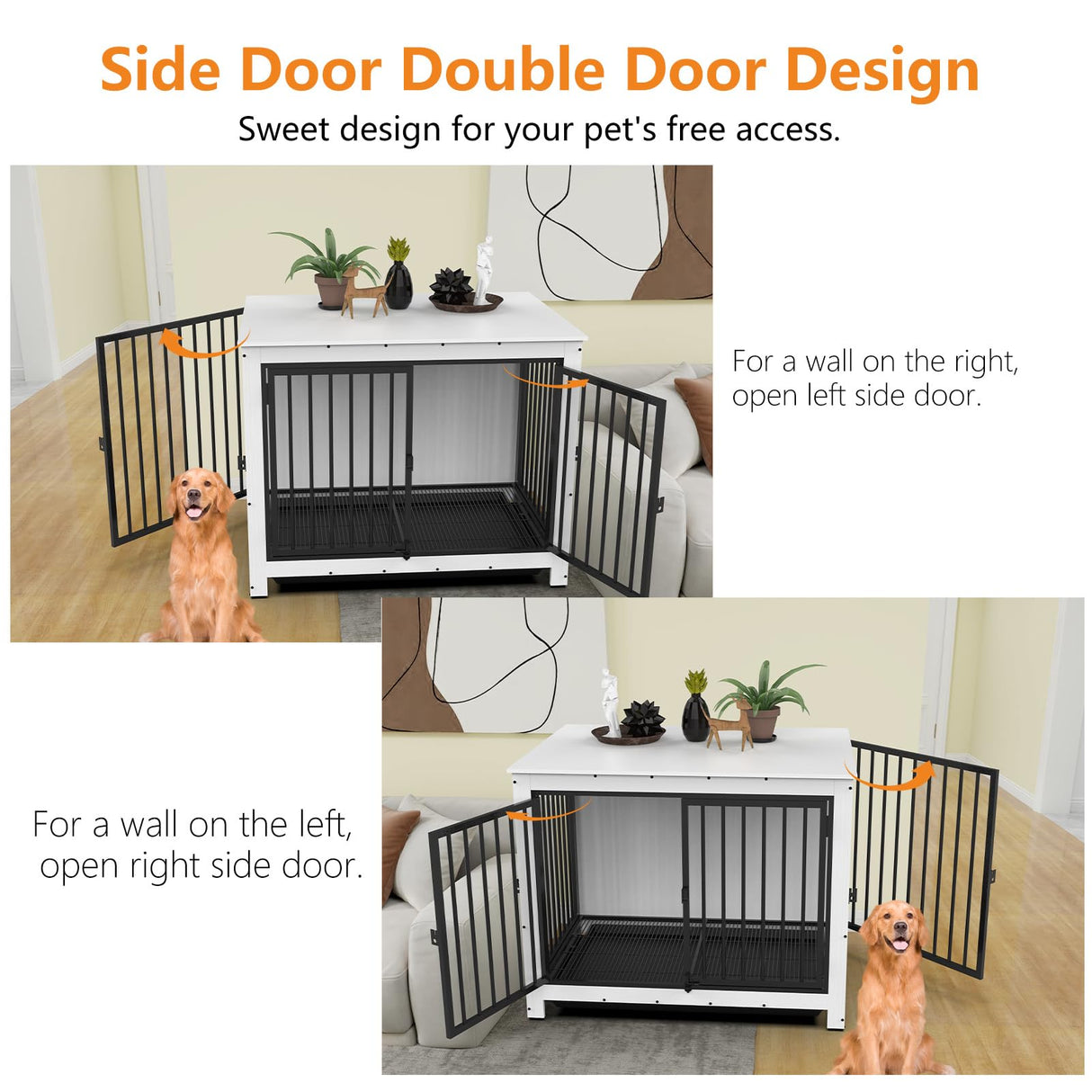 Derfullo Dog Crate Furniture, Large Dog Crate Furniture, Wooden Cage Kennel Furniture Indoor, Modern Dog Crate with Multi-Purpose Removable Tray, Double-Doors Dog Furniture, End table dog crate, White Derfullo