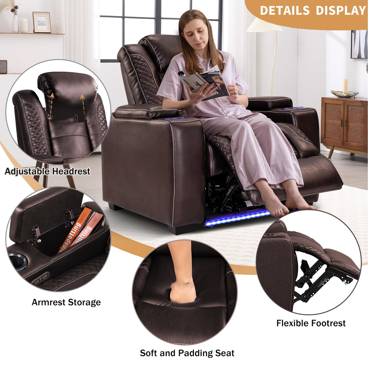 ANJ Power Home Theater Seating Recliner Chairs, PU Leather Recliner with Cup Holder, Electric Movie Theater Reclining Chairs with Adjustable Powered Headrest, LED Lights, Hidden Arm Storage (Brown) ANJ