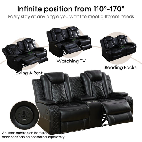 Caberryne Leather Recliner Sofa Set with LED Lights,Power Reclining Sofa and Loveseat Set with USB Port/Cup Holder for Living Room/House/Home Theater(2 Piece Set,Black) Caberryne