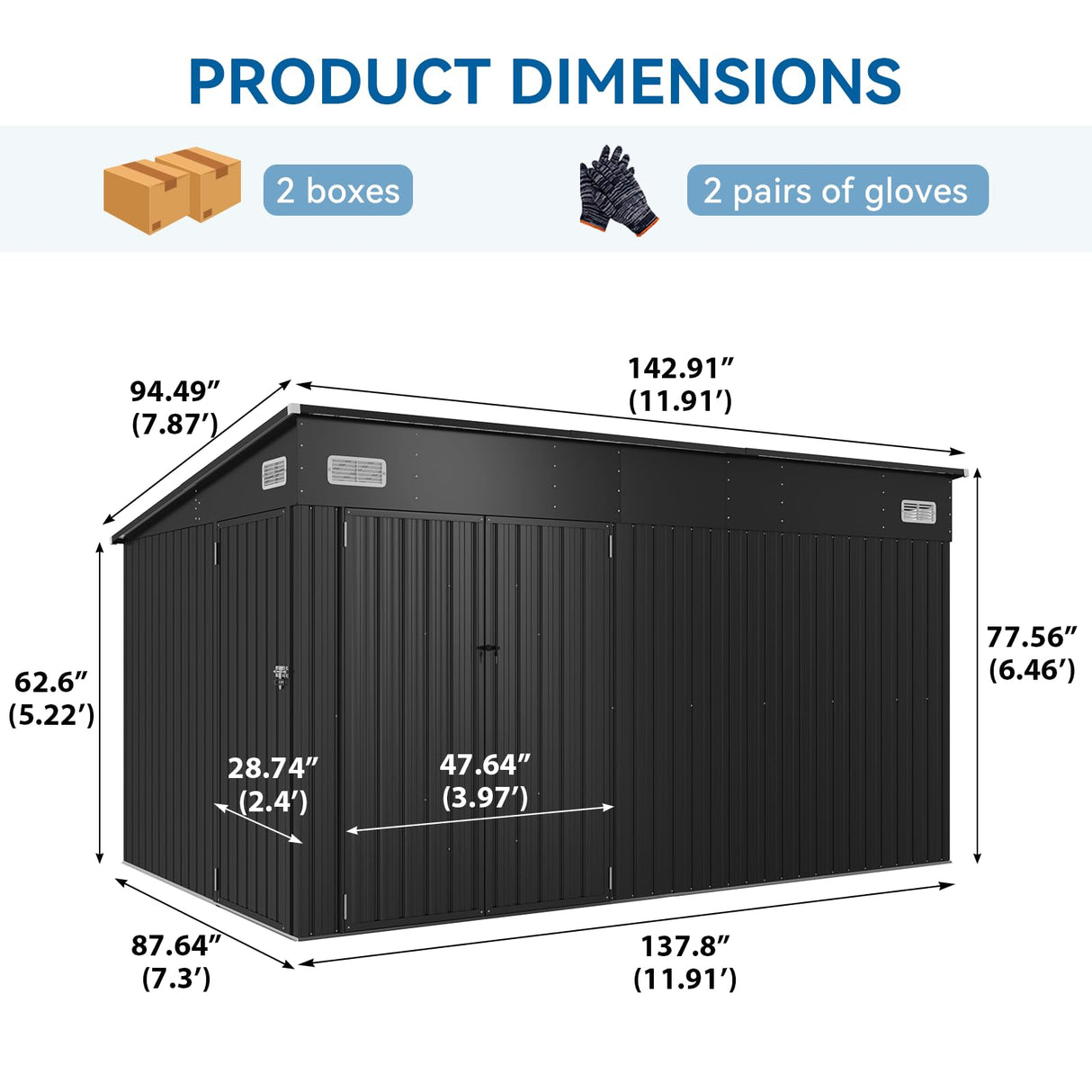 BinpLax 434 cu.ft Shed 12x7.4 Ft Premium Galvanized Steel Storage Sheds with Triple Doors Weatherproof Outdoor Utility Sheds, Dual Lock Lean to Shed for Mower, Bike, Generator, Garden Tools (Black) BinpLax