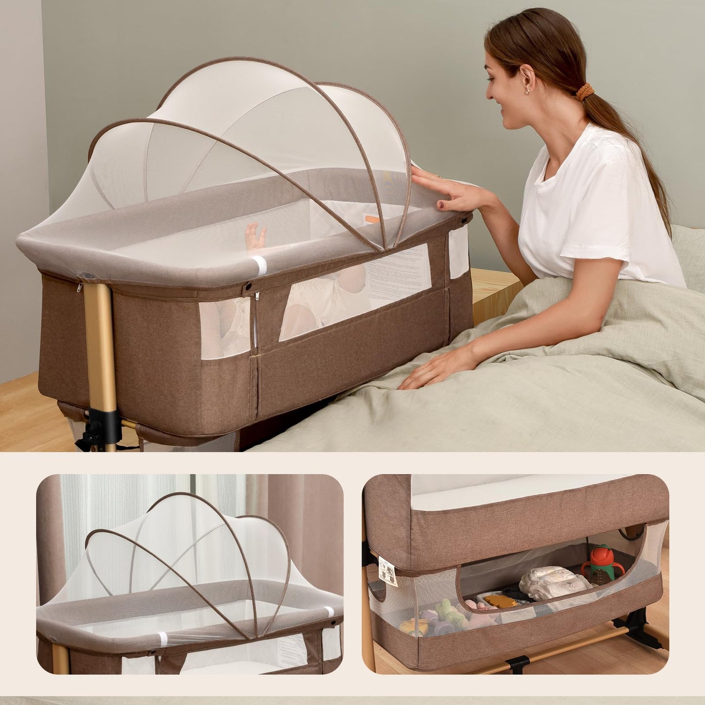 Baby Crib,3 in 1 Baby Bassinet Bedside Crib Adjustable Portable Bed for Infant,Baby Newborn Must Have Bed,Khaki