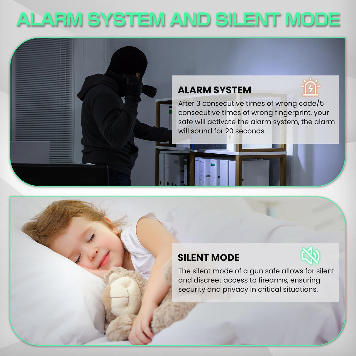 Omethey 2-3 Gun Safe, Biometric Fingerprint Gun Safe for Rifles and Pistols, Quick Access Rifle Gun Safe with Silent Mode and Alarm System, Gun Cabinet with Removable Shelf and 2 Adjustable Gun Slots Omethey