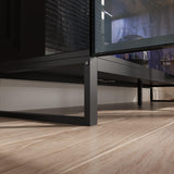 Hitow High Gloss Curio Display Cabinet for Collectibles, 63" W Lighted Bookshelf, Metal and Wood Bookshelf with Glass Doors & Drawers, Rustic Glass Display Case for Living Room, Black & Wood Grain Hitow