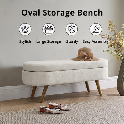 43.5 Inches Storage Ottoman Bench, Linen Upholstered Entryway Bench with Solid Wood Legs & Safety Hinge Flip Top, Indoor Bench Foot Stool for Living Room Bedroom End of Bed, 250 lb Capacity, Beige