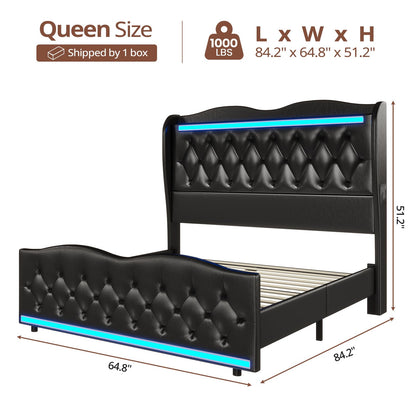 BTHFST Queen Size Bed Frame with Tall LED Headboard, Charging Station & Upholstered Wing Design - WoodArtSupply