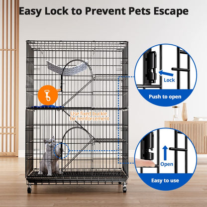 PawGiant 4-Tier Cat Cage 51 Inch Cat Crate Kennel Enclosure Playpen Large Metal Pet Cat Kitten Ferret Animal House Cage Indoor Outdoor with 2 Doors & 1 Hammock