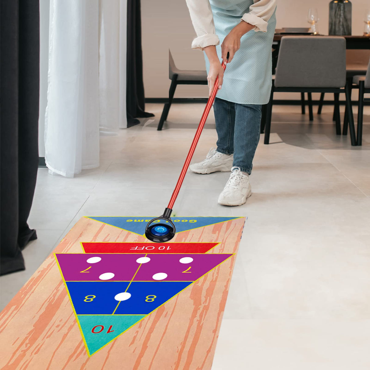 JstFrU Portable Indoor Shuffleboard Table Game, Curling Game and Bowling Game 3 in 1 Board Game Set,with 11.7 Foot Game Mat,2 Cues,8 Curling Rocks,6 Bowling Pins,Fun Family Game JstFrU