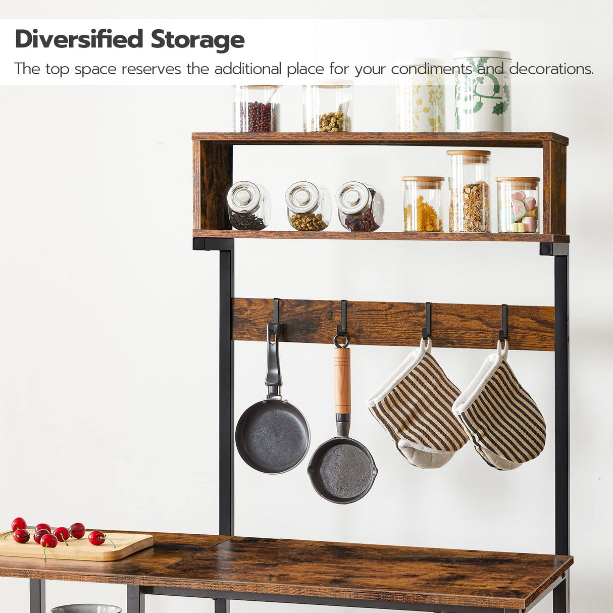 HOOBRO Bakers Rack with Power Outlet, 35.4 Inches Microwave Stand with 4 Hooks, 6 Tiers Kitchen Storage Shelf Rack, Coffee Bar Table, Rustic Brown and Black BF10UHB01 HOOBRO