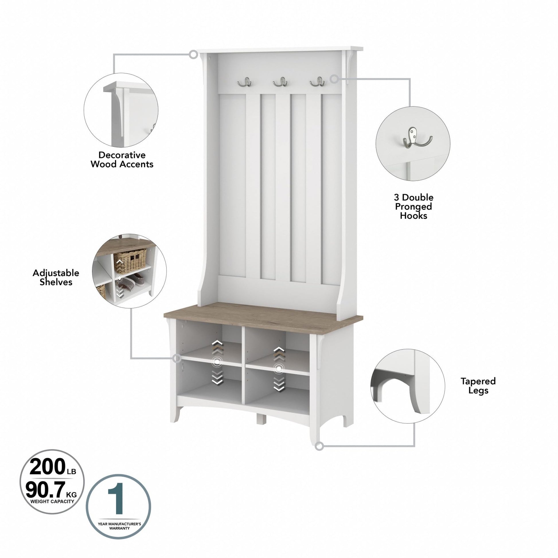 Bush Furniture Salinas Hall Tree Entryway Small Bench with Adjustable Shelves | Coat Rack with 3 Hanging Hooks and Shoe Storage, Pure White and Shiplap Gray - WoodArtSupply