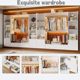 PAKASEPT Wardrobe Closet, 64.9" Freestanding Armoire System with 6 Display Storage Cabinet & Hanging Rods & 2 Wood Drawers, Cloth Garment Rack with Multi Color Light, Walk-in Closet, White PAKASEPT