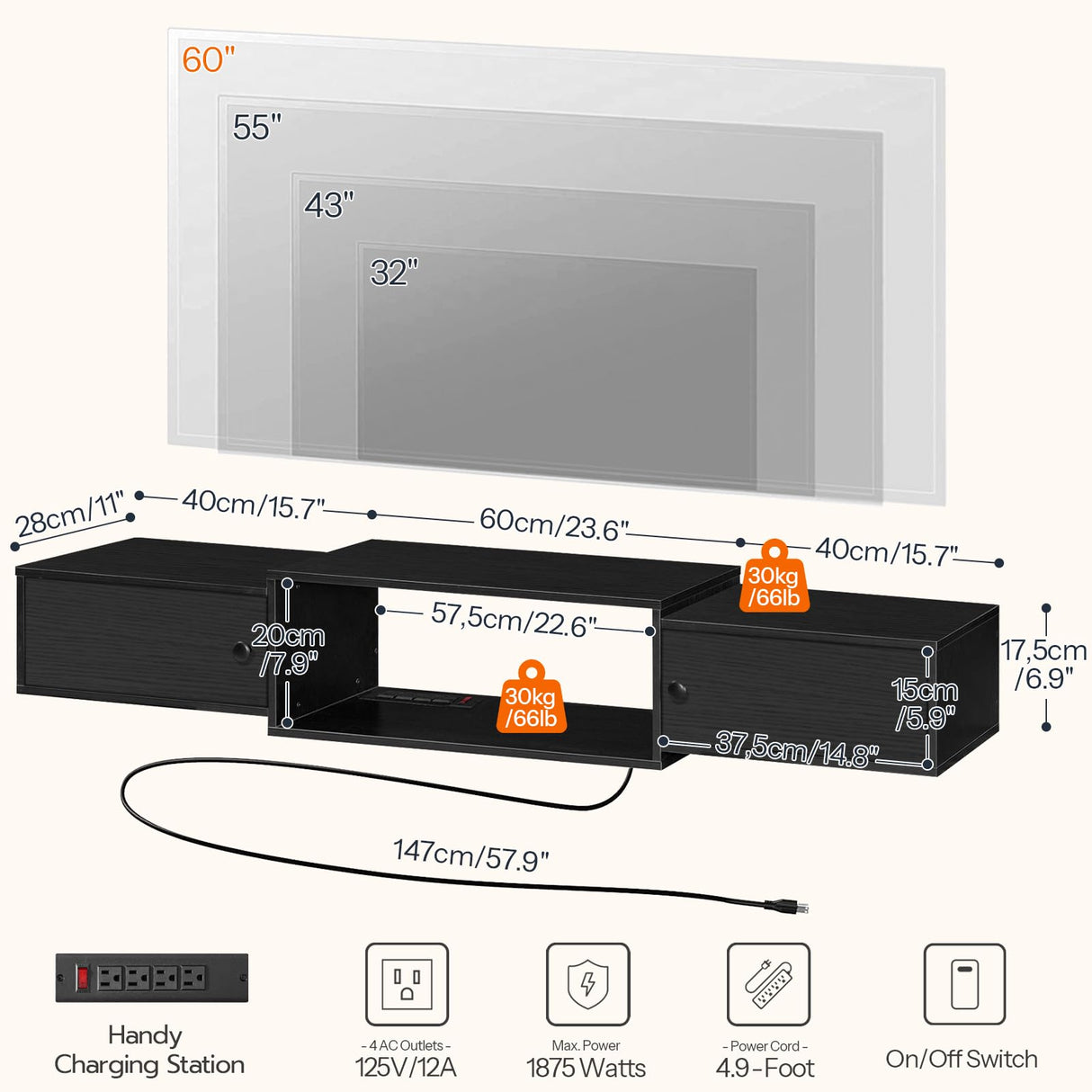 HOOBRO Floating TV Stand with Power Outlets 55", Modern Wall Mounted Media Console Shelf with Doors, Entertainment Center for Under TV Storage, for Living Room, Bedroom, Black BK11UDS01 HOOBRO